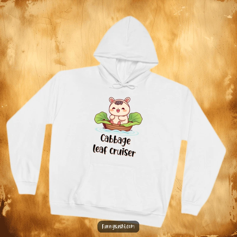 Funny Bao Bun hoodie, a happy bao bun character peacefully riding in a small boat made of a cabbage leaf.