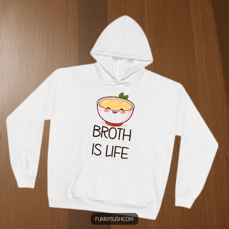 Funny cheerful miso soup bowl with happy face spilling broth, cozy comfort food hoodie, comfortable and humorous apparel.