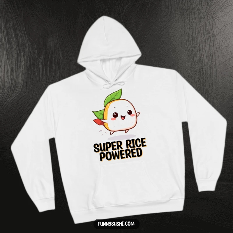 Funny hoodie featuring a zooming onigiri with a leaf cape, embodying speed and fun, perfect for cozy and humorous gifting.