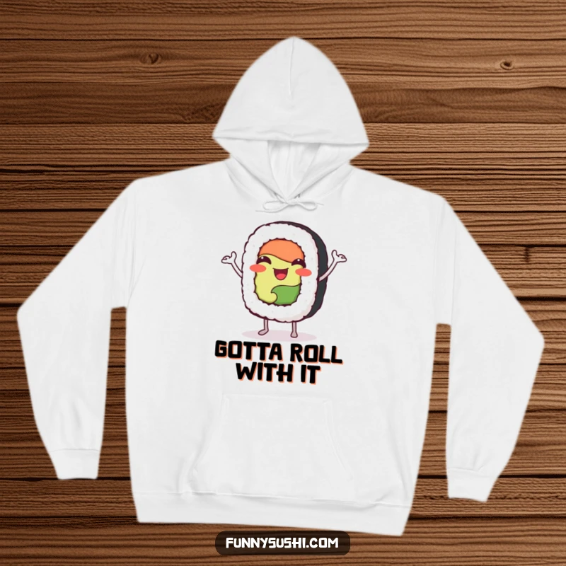 Funny happy sushi roll character doing a joyful jig, printed on a soft and warm hoodie.