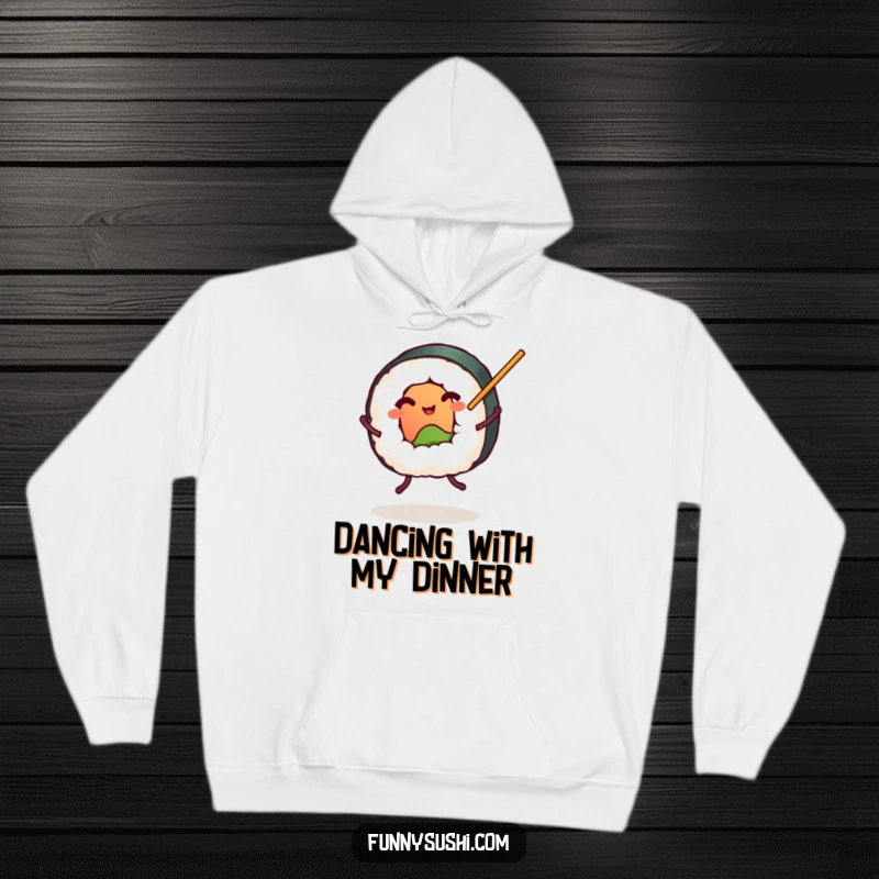 Funny plump sushi roll with tiny legs dancing with chopsticks, cozy foodie hoodie, comfortable and humorous apparel.