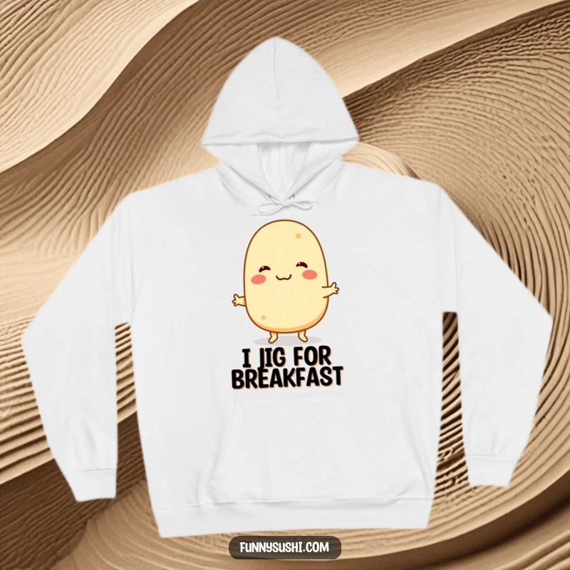 Funny Tamagoyaki Hoodie: A smiling tamagoyaki character performs a funny jig, offering warm and humorous apparel.