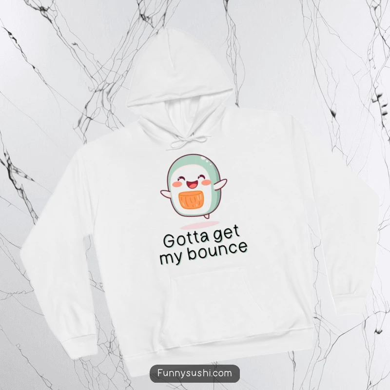 Funny joyful salmon roll character doing a silly hop, printed on a soft and cozy hoodie.