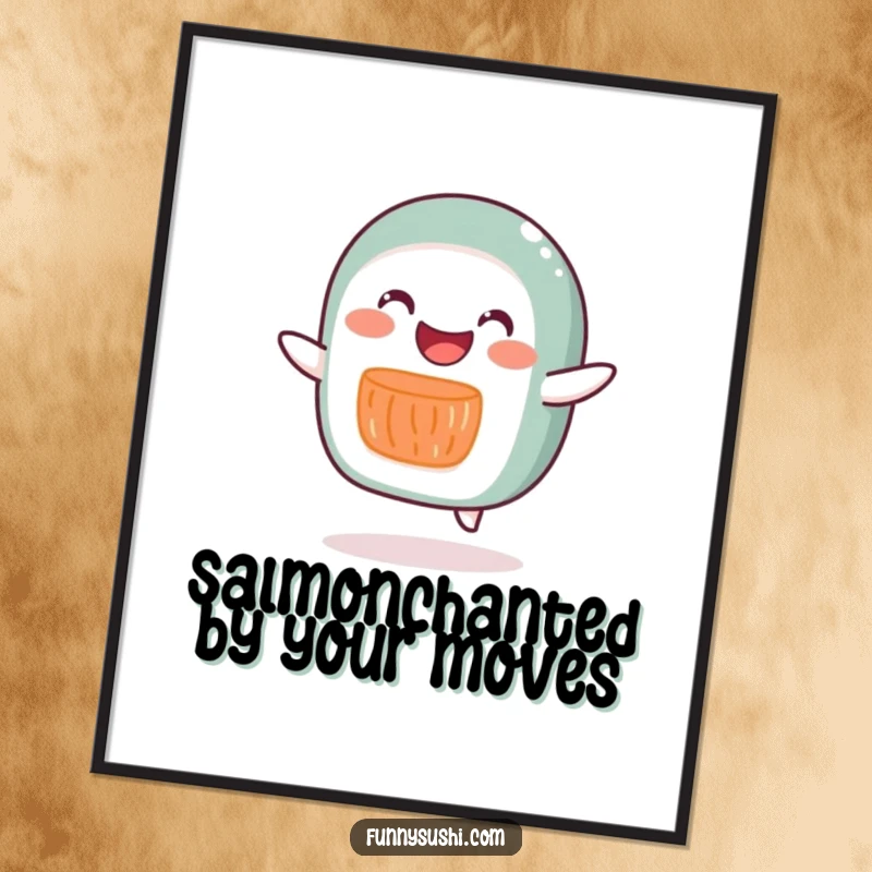 Funny free printable wall art of a joyful salmon roll character caught in a silly, happy little hop.