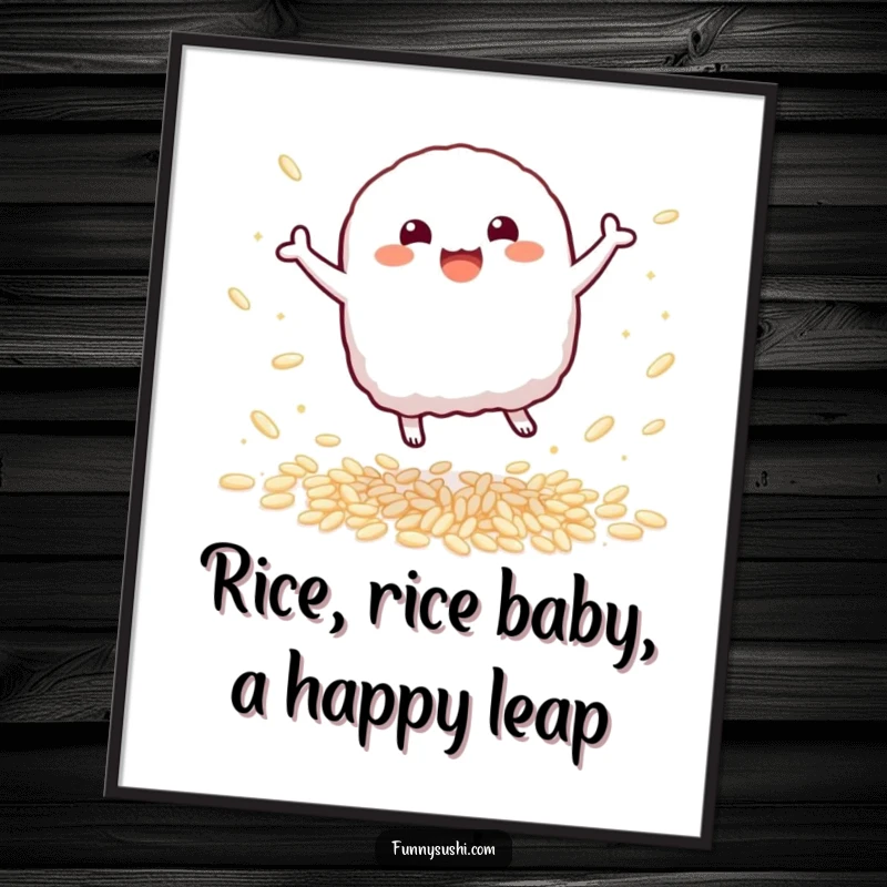 Funny Free Printable Wall Art: Bouncy Nigiri character leaping with delight amidst sparkling rice grains, adding energetic decor.