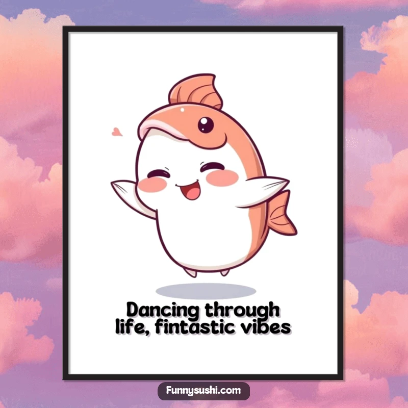Funny Free Printable Wall Art: Giggling Sashimi character doing a silly dance with its tail fin, adding lively decor.