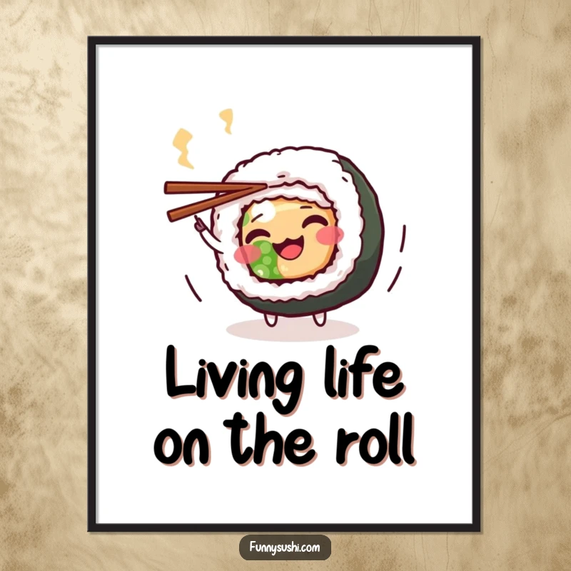 Funny Free Printable Wall Art: Wiggling Maki Roll character doing a playful spin with chopsticks, adding fun decor.