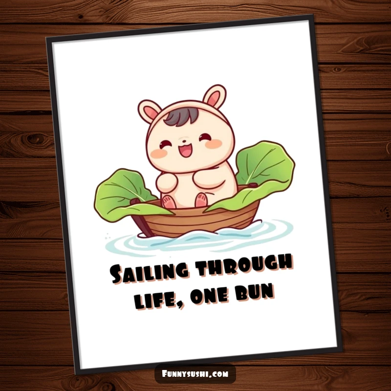 Funny Free Printable Wall Art depicting a happy bao bun character adventuring in a tiny cabbage leaf boat.