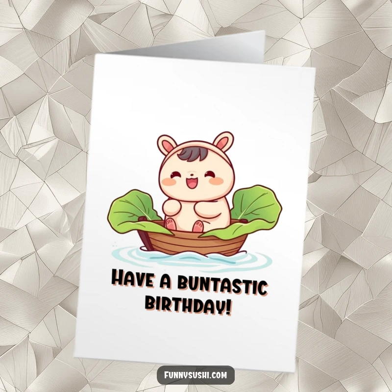 Funny Free Printable Birthday Card showing a happy bao bun character sailing in a tiny cabbage leaf boat.