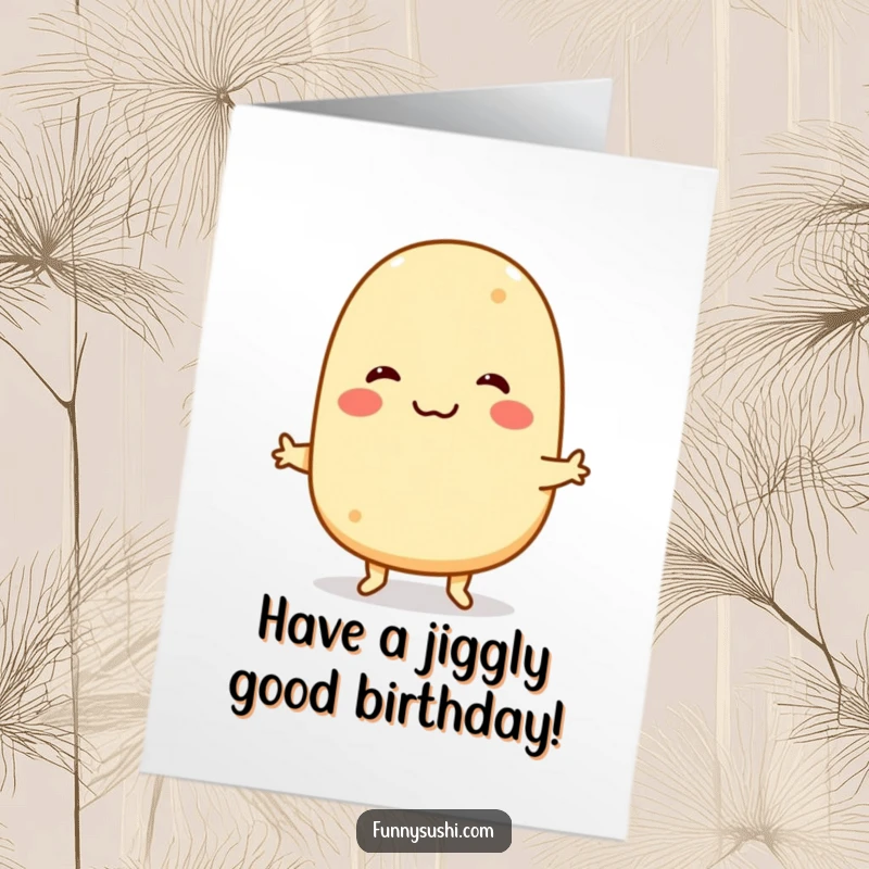 Funny Free Printable Birthday Card: Smiling Tamagoyaki performing a funny little jig, celebrating a birthday with food.