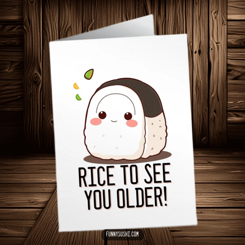 Funny Free Printable Birthday Card featuring a playful onigiri character tossing a tiny dab of wasabi with a mischievous grin.