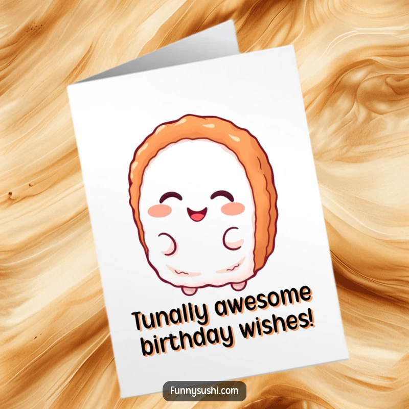 Funny free printable birthday card featuring a delighted tuna nigiri character with a mischievous, playful smirk.