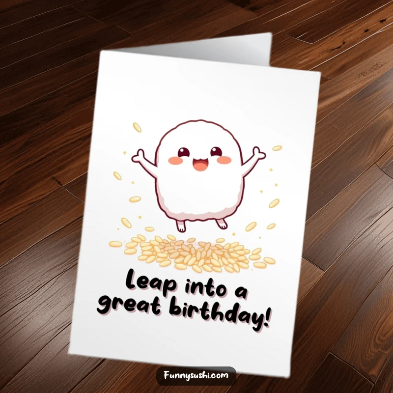 Funny Free Printable Birthday Card: Bouncy Nigiri leaping with delight amidst sparkling rice grains, celebrating a birthday.