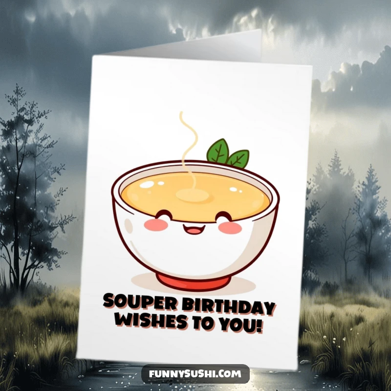 Funny Free Printable Birthday Card: Cheerful miso soup bowl, happy face, spilling broth, ideal downloadable gift.