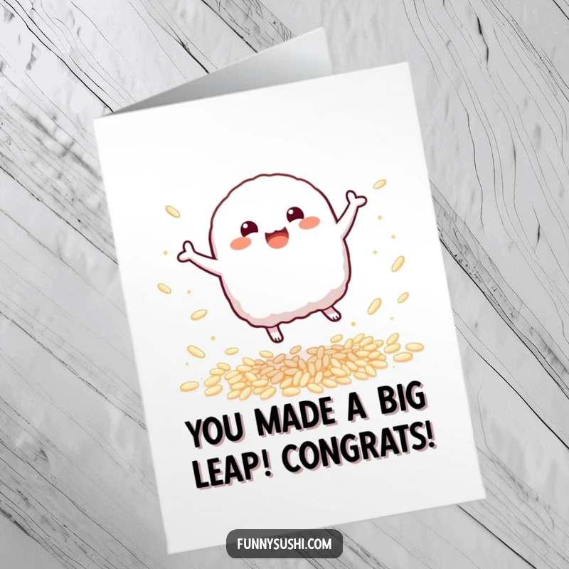 Funny Free Printable Congrats Card: Bouncy Nigiri leaping with delight amidst sparkling rice grains, celebrating achievements.