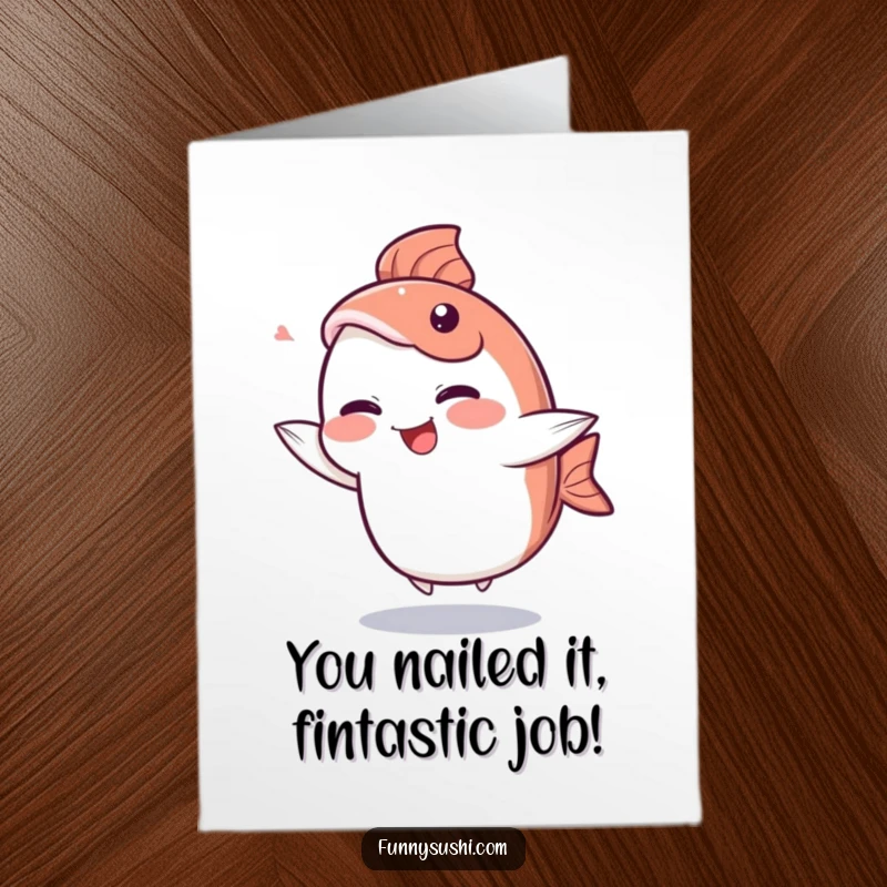 Funny Free Printable Congrats Card: Giggling Sashimi doing a silly dance with its tail fin, celebrating success.