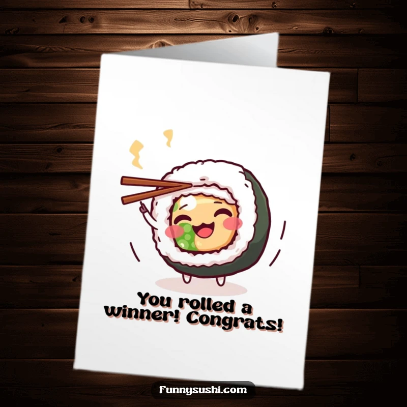 Funny Free Printable Congrats Card: Wiggling Maki Roll doing a playful spin with chopsticks, celebrating success.