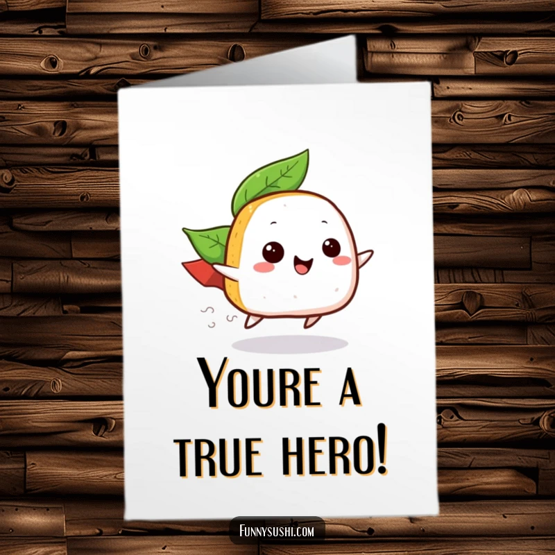 Funny Free Printable Congrats Card: A happy onigiri in a leaf cape zooms to celebrate your incredible achievements.