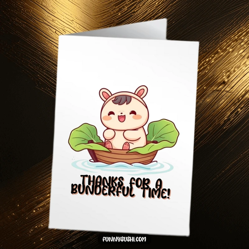 Funny Free Printable Thank You Card of a happy bao bun character gently sailing in a cabbage leaf boat.
