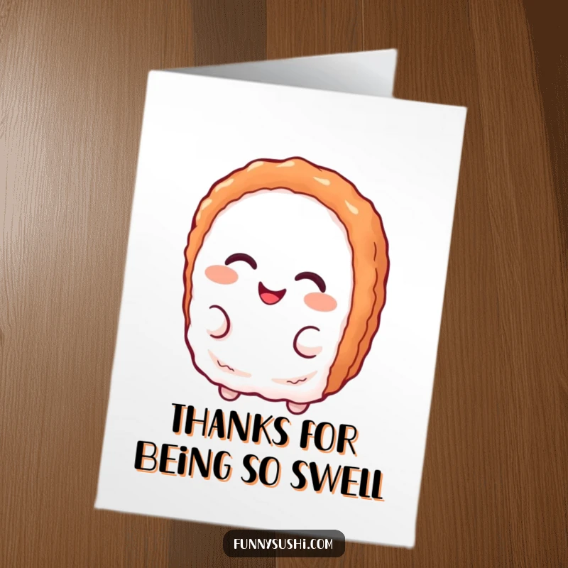 Funny free printable thank you card featuring a delighted tuna nigiri character with a playful, mischievous smirk.