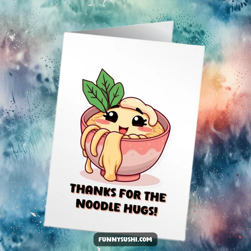 Funny Free Printable Thank You Card: A smiling ramen bowl winks, holding a giant noodle to express sincere gratitude.