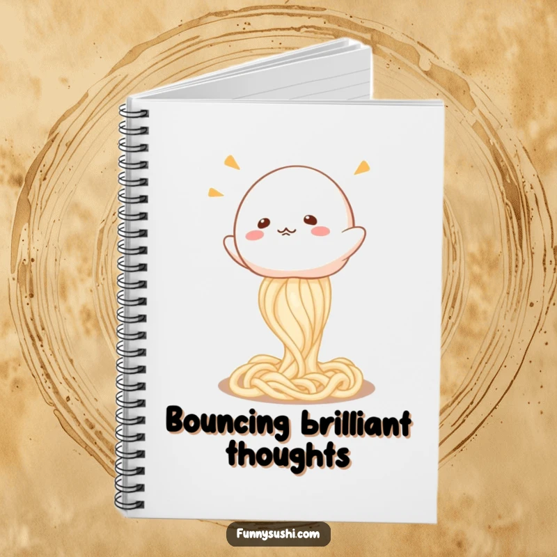 Funny Mochi notebook, depicting a cute mochi character joyfully bouncing on a springy udon noodle, ready for your notes.