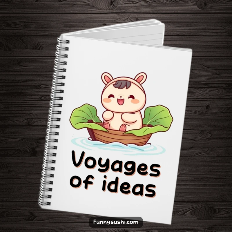 Funny Bao Bun notebook, a happy bao bun character sailing in a tiny boat made from a cabbage leaf, for your notes.