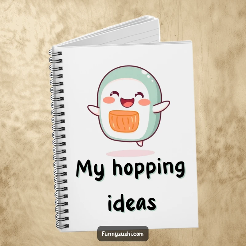 Funny salmon roll character doing a silly hop, featured on a notebook for capturing joyful thoughts.