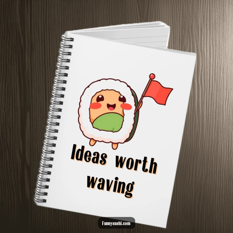 Funny Sushi Nigiri notebook, a happy nigiri character excitedly waving a tiny flag, perfect for your notes.