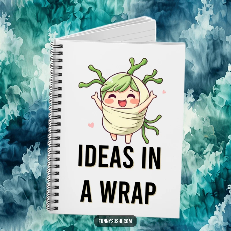 Funny seaweed wrap character spinning gleefully, featured on a notebook cover for capturing cheerful thoughts.