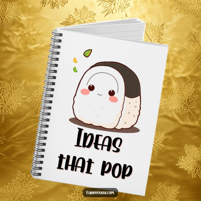Funny Onigiri notebook, featuring a charming rice ball character energetically tossing a tiny dab of wasabi, perfect for notes.
