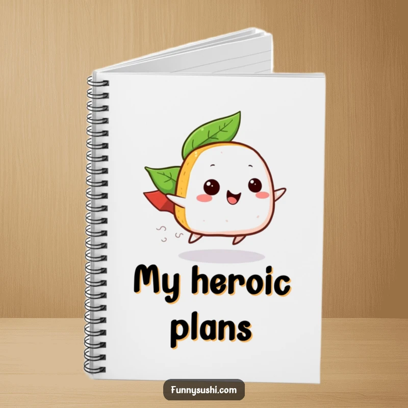 Funny notebook featuring a happy onigiri with a leaf cape zooming, perfect for notes and funny gifting.