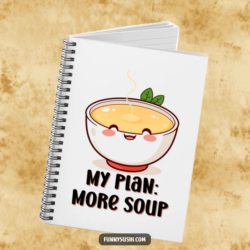 Funny cheerful miso soup bowl with happy face spilling broth playfully, foodie notebook, spiral journal, humorous stationery.