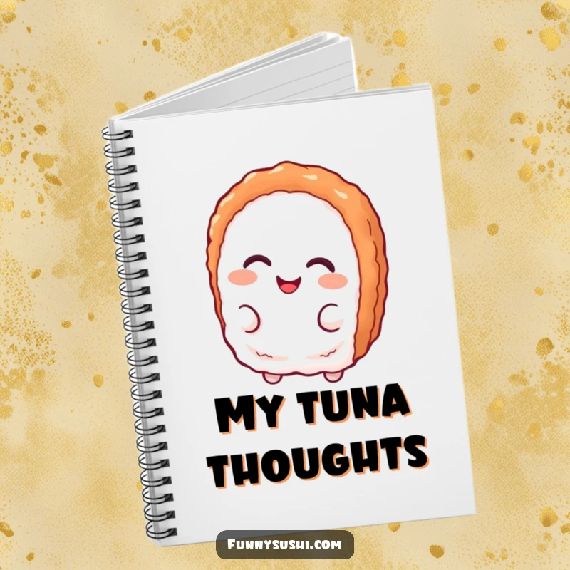 Funny tuna nigiri character with a playful smirk, featured on a notebook cover for capturing witty thoughts.