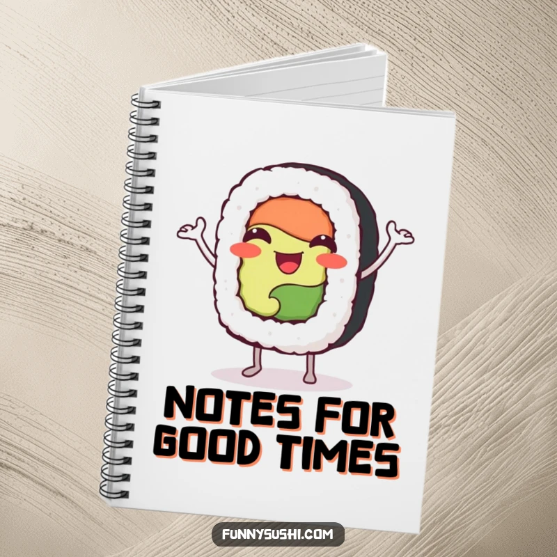 Funny sushi roll character doing a jig, featured on a notebook for capturing happy ideas and notes.