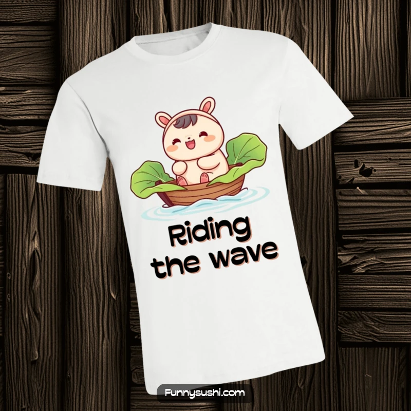 Funny Bao Bun t-shirt, a happy bun character navigating a tiny boat crafted from a cabbage leaf, smiling.