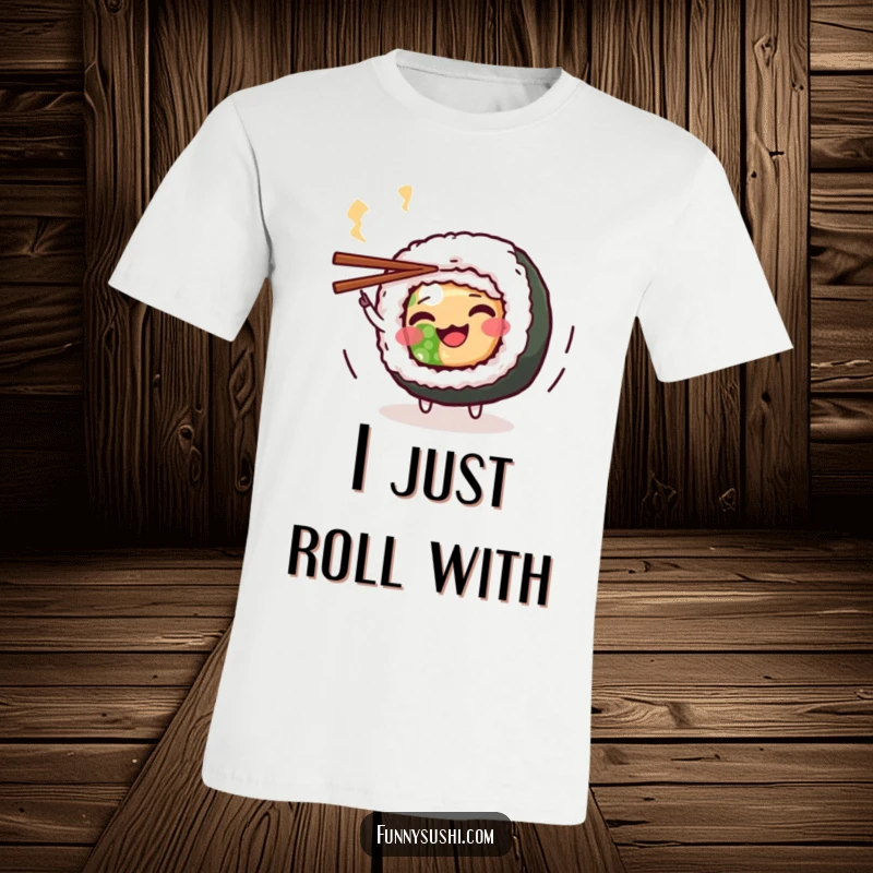 Funny Maki Roll T-Shirt: A wiggling sushi character gleefully spins chopsticks, showcasing a funny and energetic vibe.