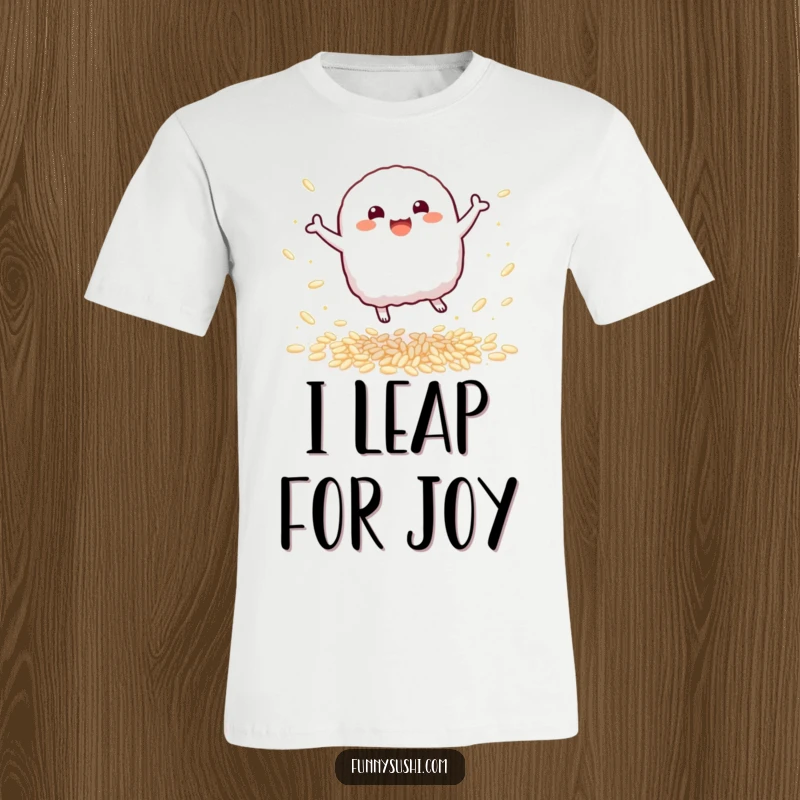 Funny Nigiri T-Shirt: A bouncy nigiri sushi character leaps with delight, showcasing a joyful and energetic design.