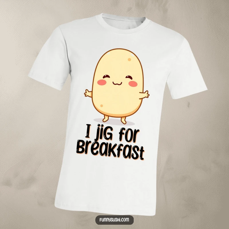 Funny Tamagoyaki T-Shirt: A happy tamagoyaki character dances energetically, showcasing a funny and lively design.