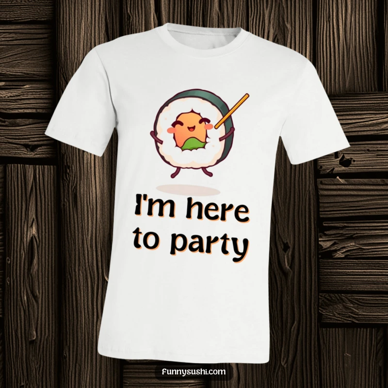 Funny plump sushi roll with tiny legs happily dancing with chopsticks, food lover t-shirt, perfect funny gift for sushi fans.