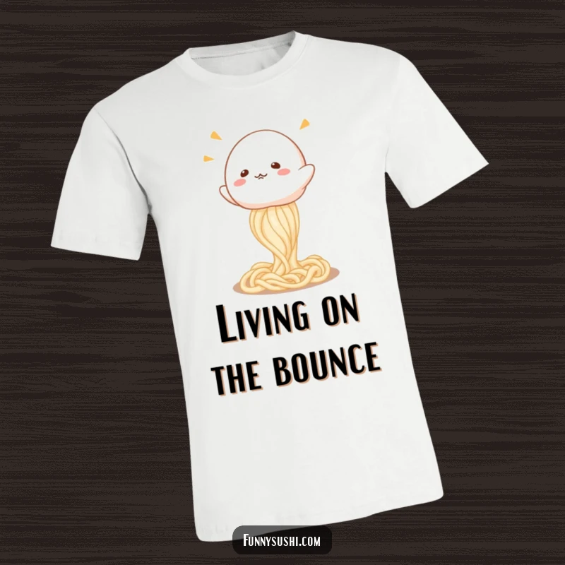 Funny Mochi t-shirt, a cute mochi character joyfully bouncing high on a slippery udon noodle.