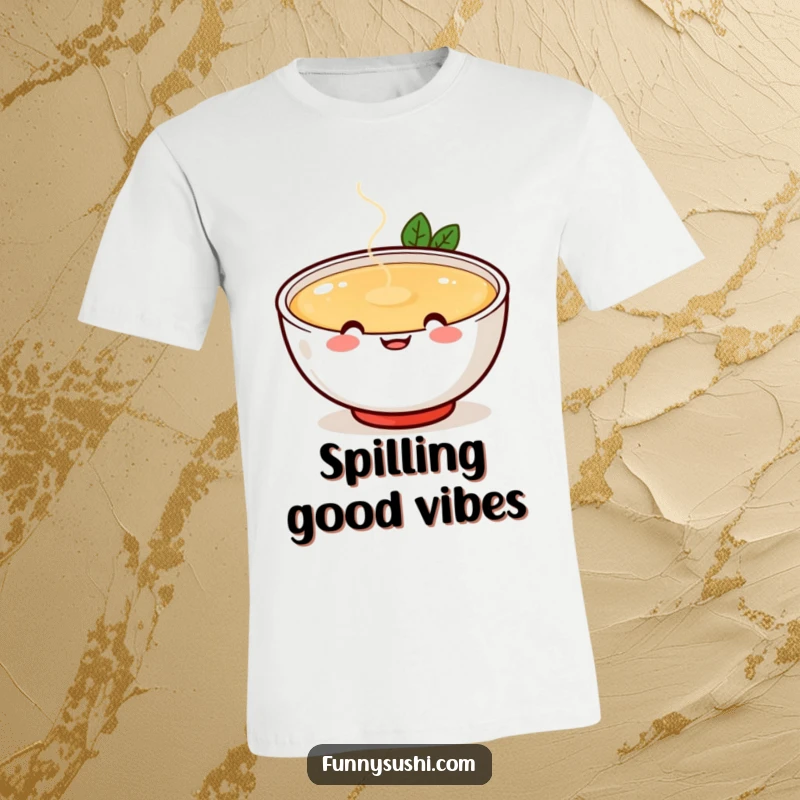 Funny cheerful miso soup bowl with happy face spilling broth playfully, food lover t-shirt, perfect funny gift for soup fans.