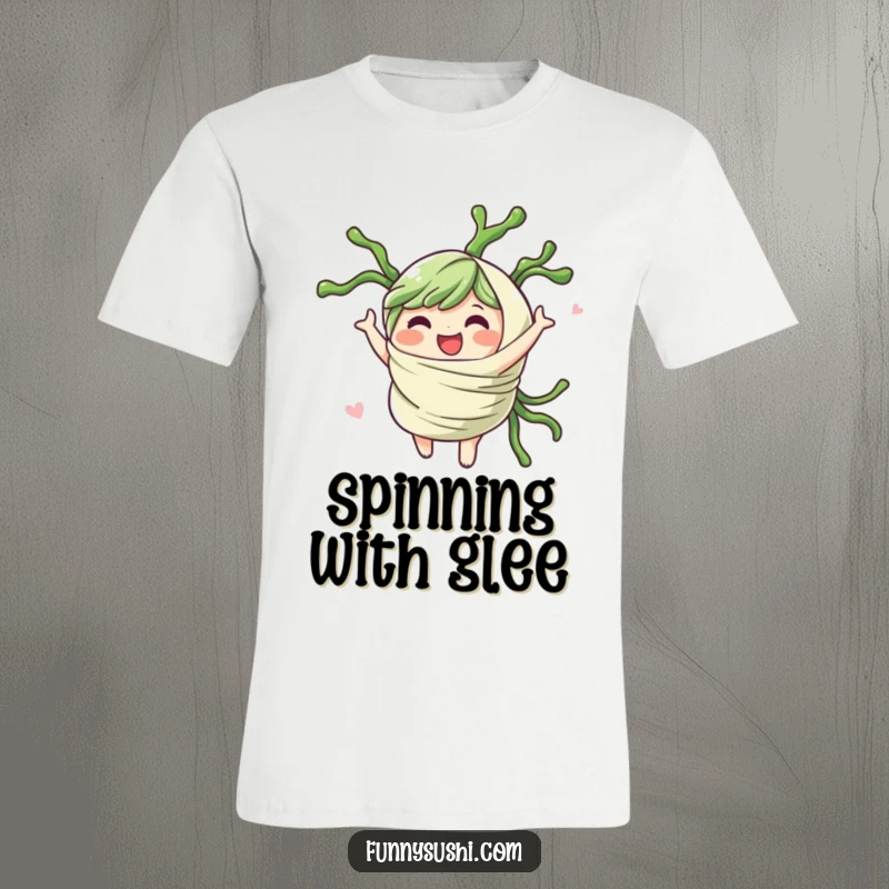 Funny seaweed wrap character spinning gleefully, illustrated on a fun and dynamic t-shirt.