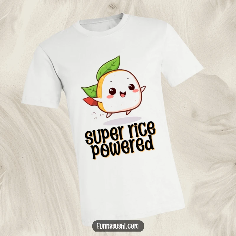 Funny t-shirt depicting a happy onigiri with a leaf cape in mid-zoom, ideal for fans of Japanese food and funny gifts.