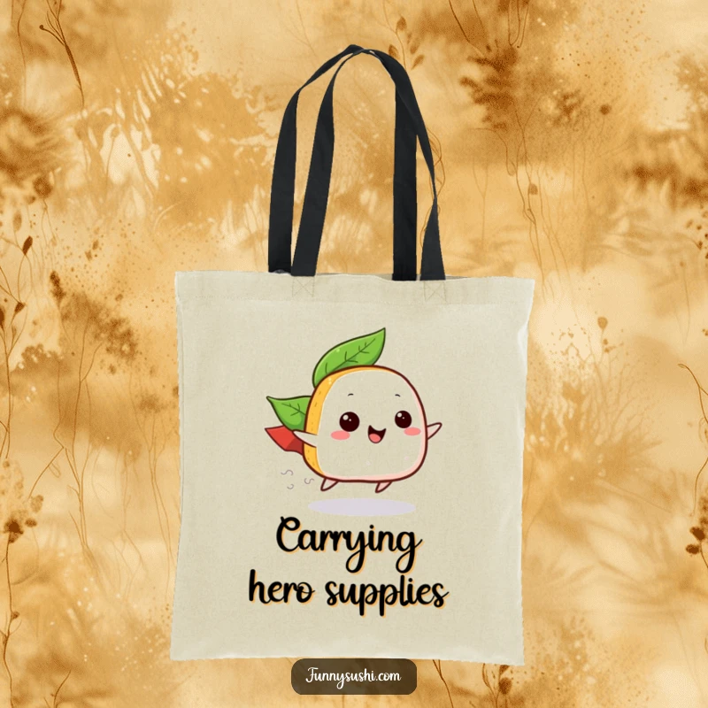 Funny tote bag showcasing a happy onigiri with a leaf cape zooming along, great for carrying items and funny gifting.