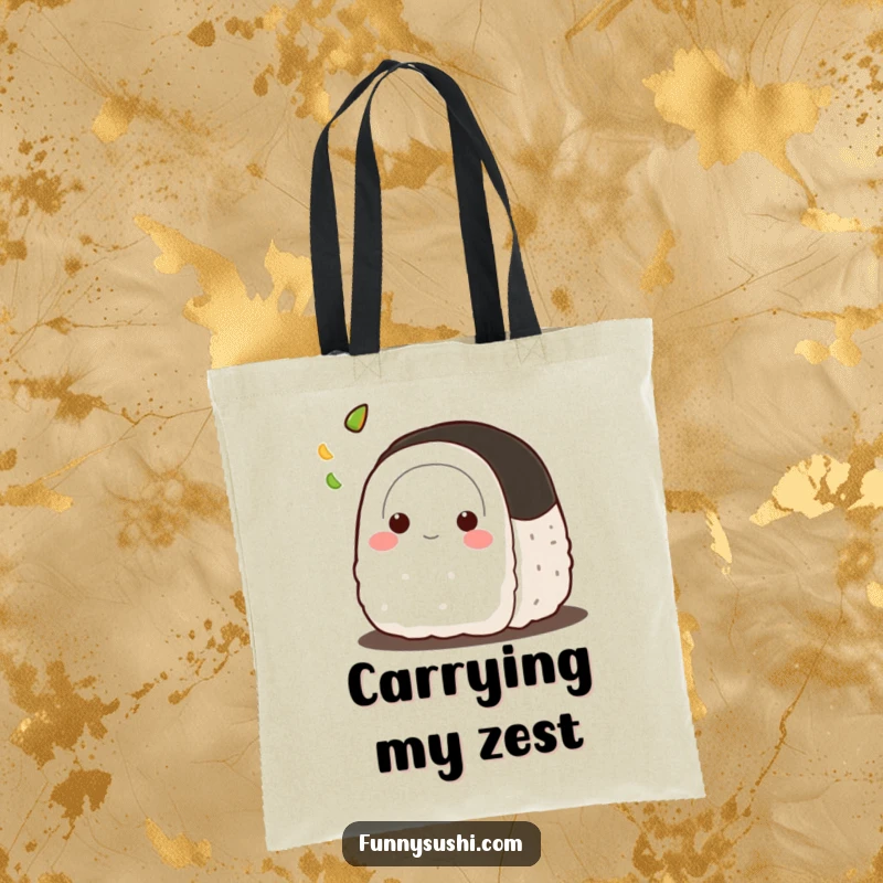Funny Onigiri tote bag, featuring a playful rice ball character tossing a tiny dab of wasabi, ready for adventure.