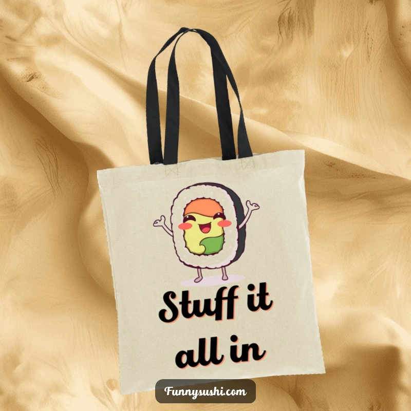 Funny sushi roll character dancing with tiny arms, featured on a practical and humorous tote bag.